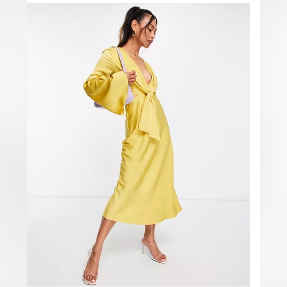ASOS Dresses & Skirts - ASOS Design tie front satin midi dress with flare sleeves size 6